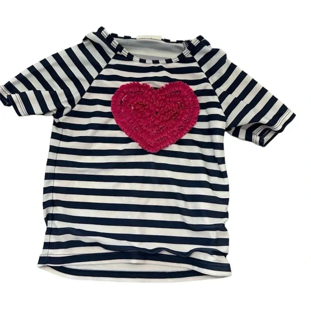 Crazy 8 Girl Toddler Short Sleeve Navy & White Stripe with Pink Heart Sz 4T GUC